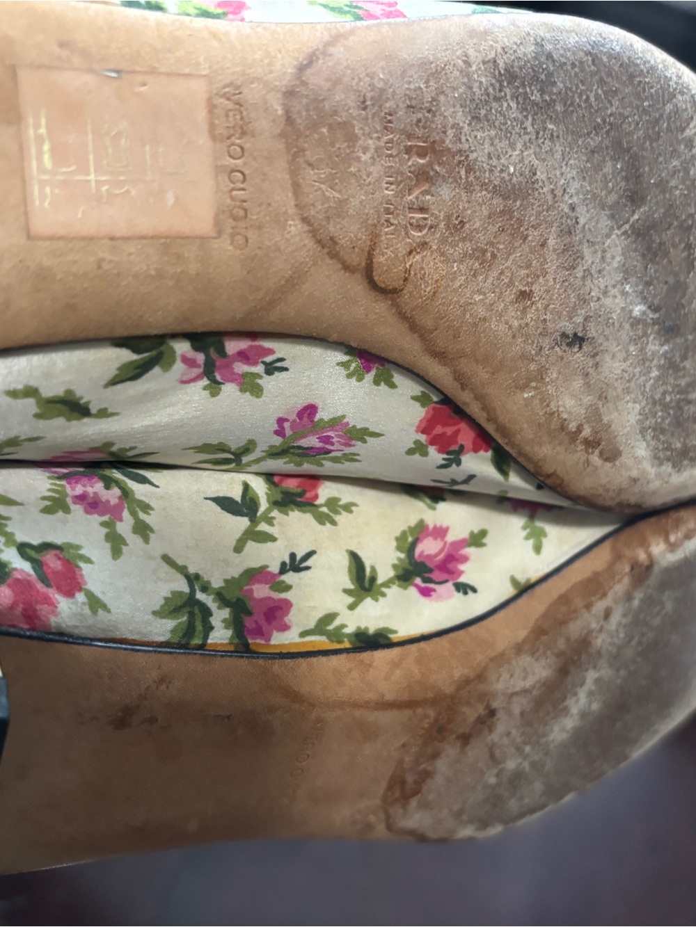 Prada Floral Canvas Pointed Toe Flats in Cream and Black with Pink Accents - Picture 6 of 6